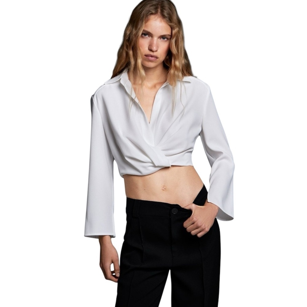 Zara‎ White Crop Top with Notched Collar